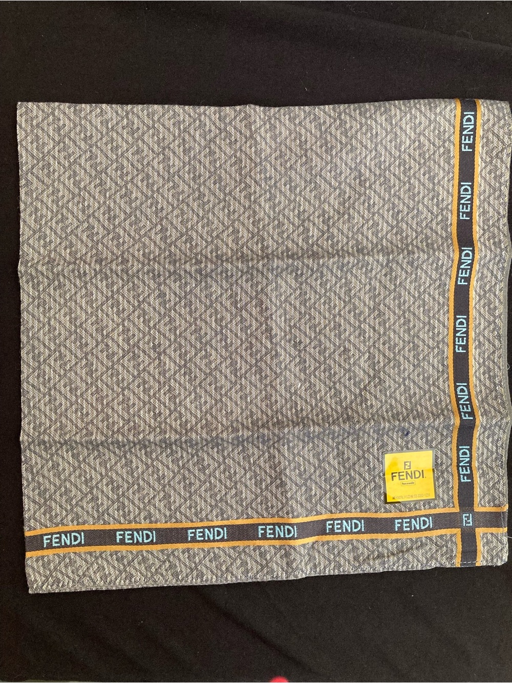 Fendi Gray Monogram Scarf with Yellow and Teal Trim